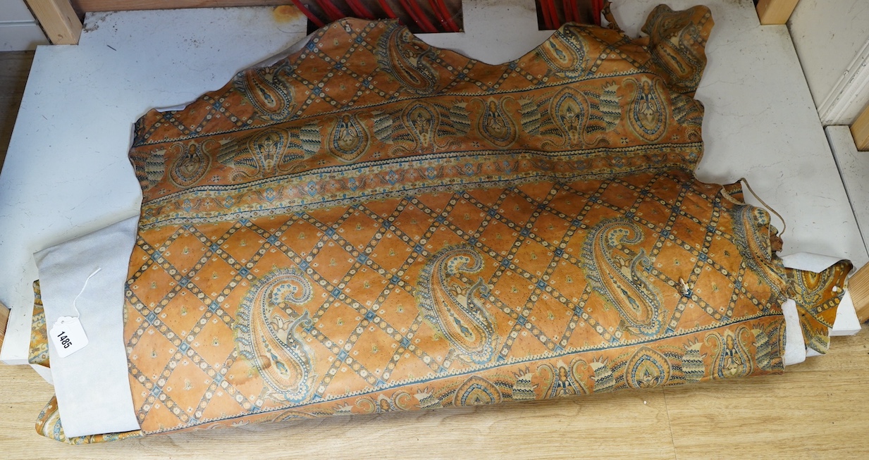 Two leather hides with printed boteh pattern decoration. Condition - fair